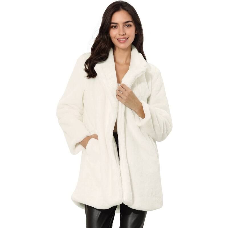 アレグラ ケー レディース アウター ジャケット・ブルゾン コート ALLEGRA K Lapel Faux Fur Coat for Womens Fuzzy Winter Warm Jacket Overcoat with Pockets White ホワ