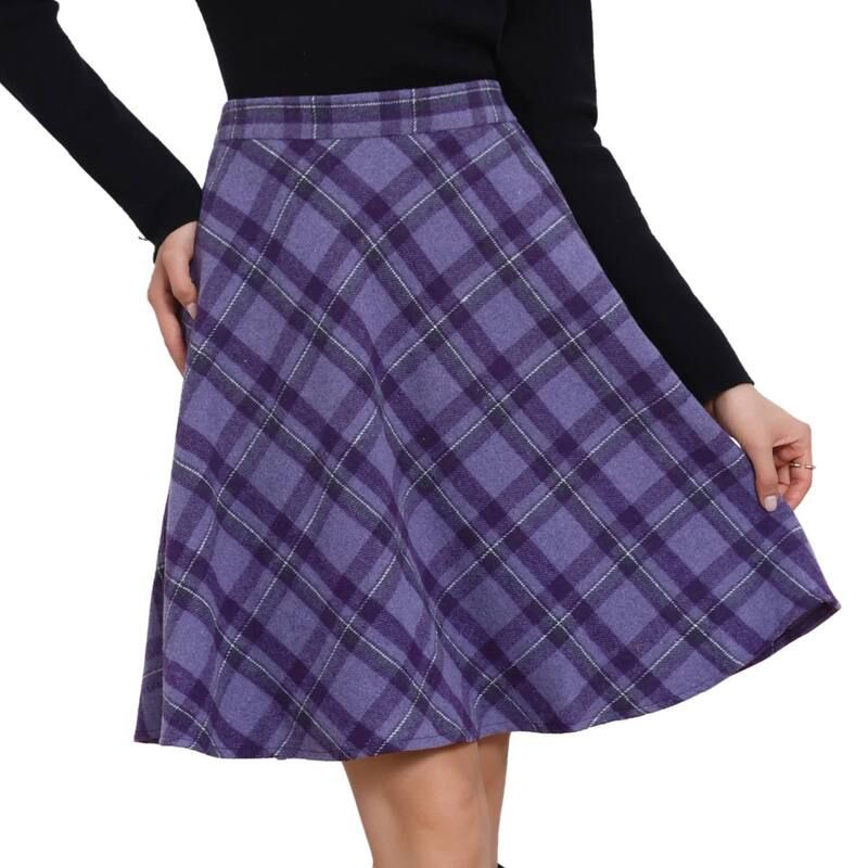 アレグラ ケー レディース ボトムスカート A ライン ひざ丈 ALLEGRA K Womens Plaids Elastic Waist Knee Length Worsted A Line Skirt Dark Purple パープル