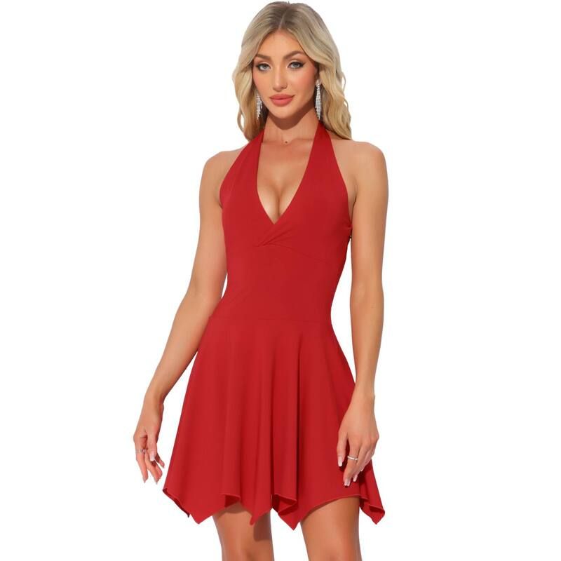 アレグラ ケー レディース トップス ワンピース Vネック ミニ ノースリーブ ホルター ALLEGRA K Womens Halter Deep V Neck Sleevelesskater Mini Dress Red レッド