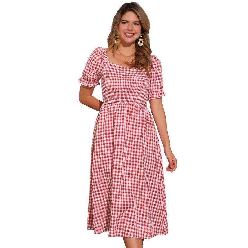 アレグラ ケー レディース トップス ワンピース ギンガムチェック シャーリング ギンガム ALLEGRA K Smockedress For Womenshort Sleeve Square Neck Gingham Dresses Red レッド