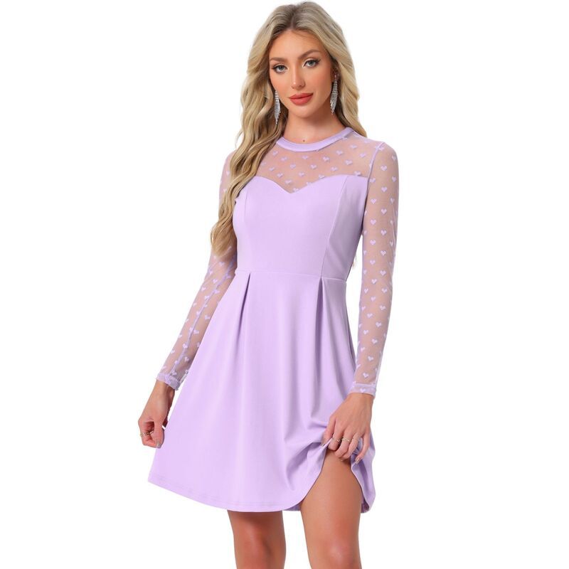 アレグラ ケー レディース トップス ワンピース A ライン ドット メッシュ シアー ALLEGRA K Womens Heart Polka Dots Mesheer Skater Prom ALine Short Dress Light Purple パ