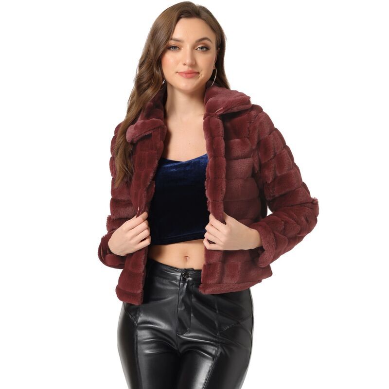 アレグラ ケー レディース アウター ジャケット・ブルゾン ダウン クロップド ALLEGRA K Womens Faux Fur Turn Down Collar Open Front Cropped Fluffy Jacket Burgundy バーガンデ