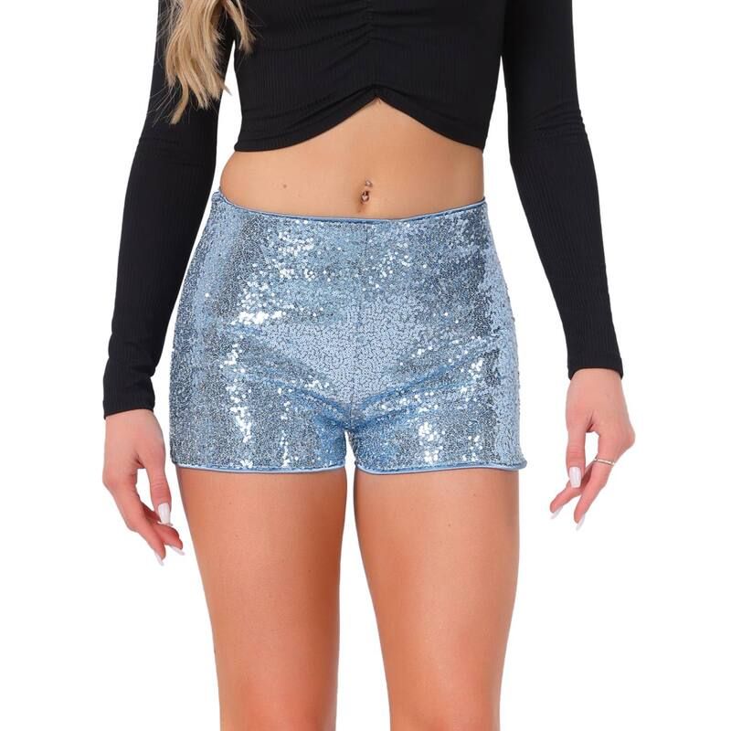 アレグラ ケー レディース ボトムス ハーフパンツ・ショーツ ミッドライズ ショートパンツ スパンコール ALLEGRA K Sequin Short Pants For Womens Midrise Solid Sparkle Coctail Elastic