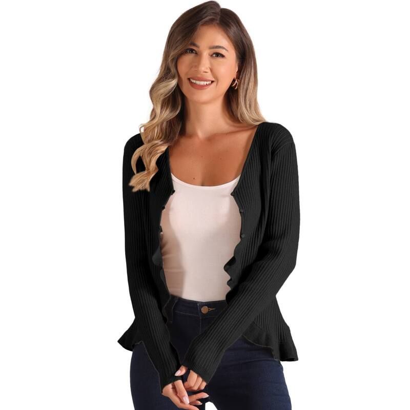 アレグラ ケー レディース アウター ニット・セーター Vネック フリル カーディガン ALLEGRA K Long Sleeve Shrug For Womens Buttonstretchy Ruffle V Neck Sweater Cardigan B