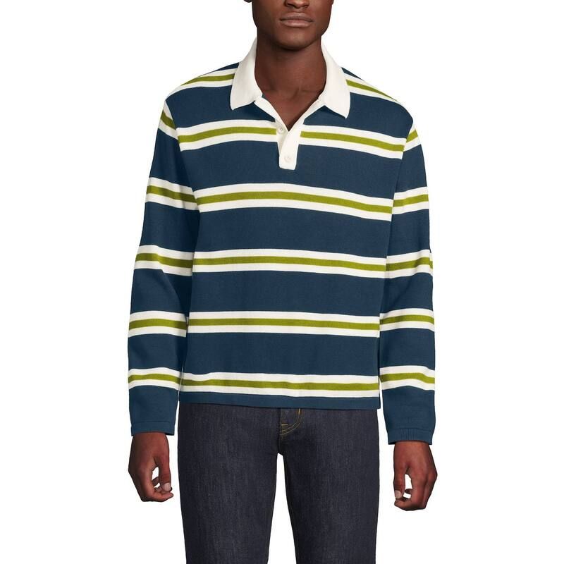 ランズエンド メンズ トップス Tシャツ ポロシャツ セーター コットン Mens Lands End Long Sleeve Cotton Rugby Sweater Polo Navy Lime Stripe ネイビー