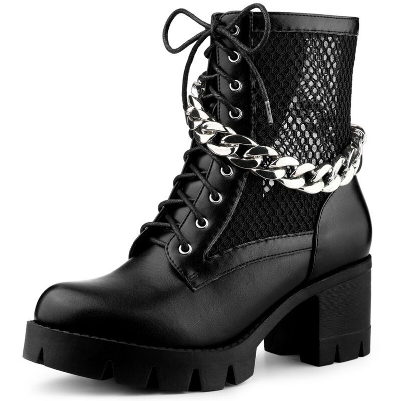 アレグラ ケー レディース シューズ ブーツ・レインブーツ プラットフォーム メッシュ レース ヒール ALLEGRA K Womens Platform Lace Up Mesh Lug Sole Chunky Heel Combat Boots Black
