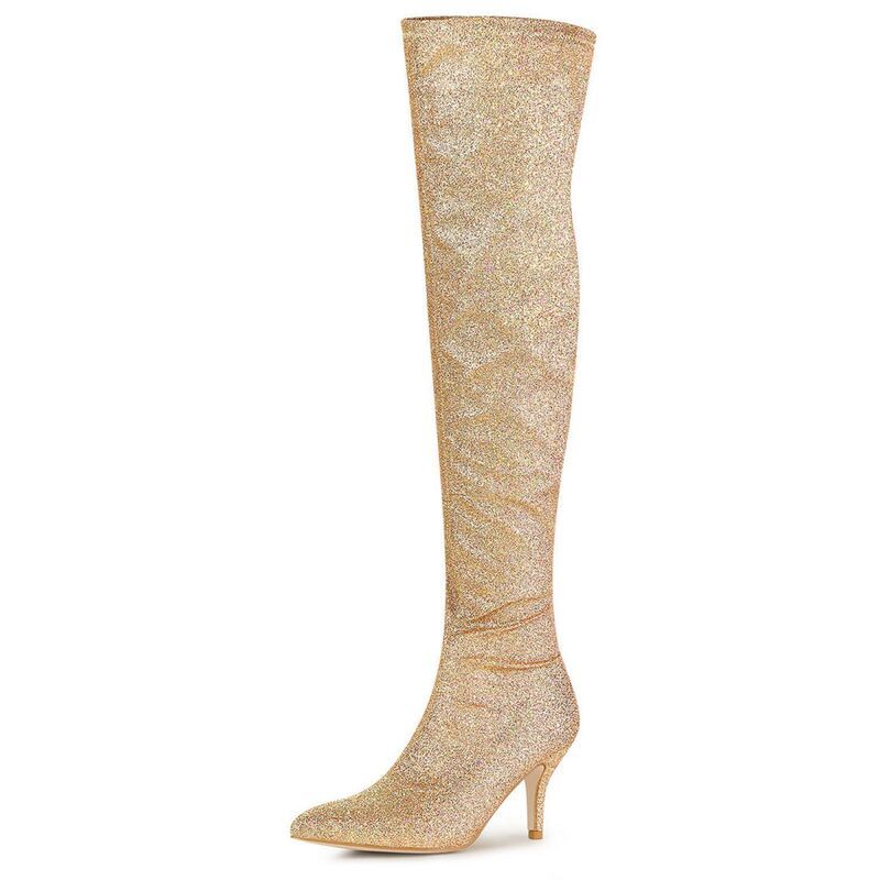 アレグラ ケー レディース シューズ ブーツ・レインブーツ ヒール ALLEGRA K Womens Glitter Pointed Toe Stiletto Heel Over the Knee Thigh Boots Gold ゴールド