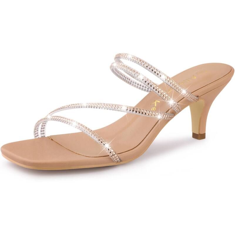 アレグラ ケー レディース シューズ パンプス サンダル ヒール ALLEGRA K Womens Rhinestone Strappy Kitten Heelslide Sandals Khaki カーキ