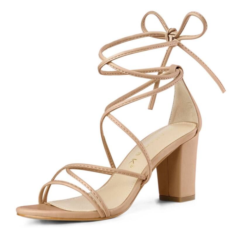 アレグラ ケー レディース シューズ パンプス サンダル レース ヒール ALLEGRA K Womenstrappy Lace Up Chunky Heelsandals Khaki カーキ