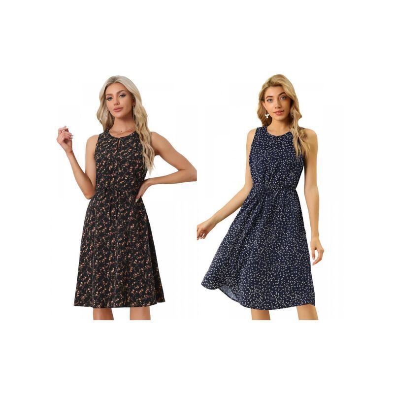 アレグラ ケー レディース トップス ワンピース プリント ノースリーブ ALLEGRA K 2 Packs Womensplit Neck Dots Print Sleeveless Casual Dresses Dark Blue Black ブラック