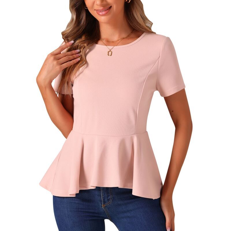 アレグラ ケー レディース トップス Tシャツ ブラウス ALLEGRA K Womenshort Sleeve Round Neck Stretch Business Classic Peplum Blouse Topink ピンク