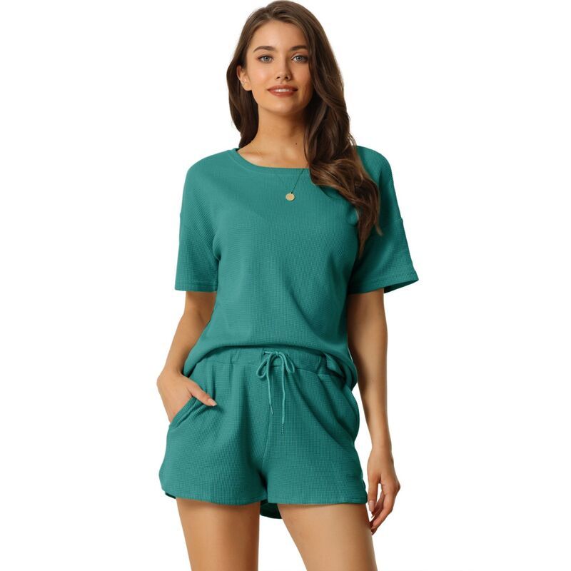 cheibear レディース アンダーウェア ナイトウェア ショートパンツ ニット cheibear Womenshort Sleeve Pullover Top with Shorts Casual Waffle Knit Loungewear Set Pe