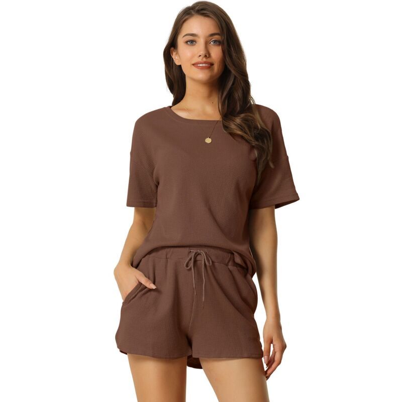cheibear レディース アンダーウェア ナイトウェア ショートパンツ ニット cheibear Womenshort Sleeve Pullover Top with Shorts Casual Waffle Knit Loungewear Set Co