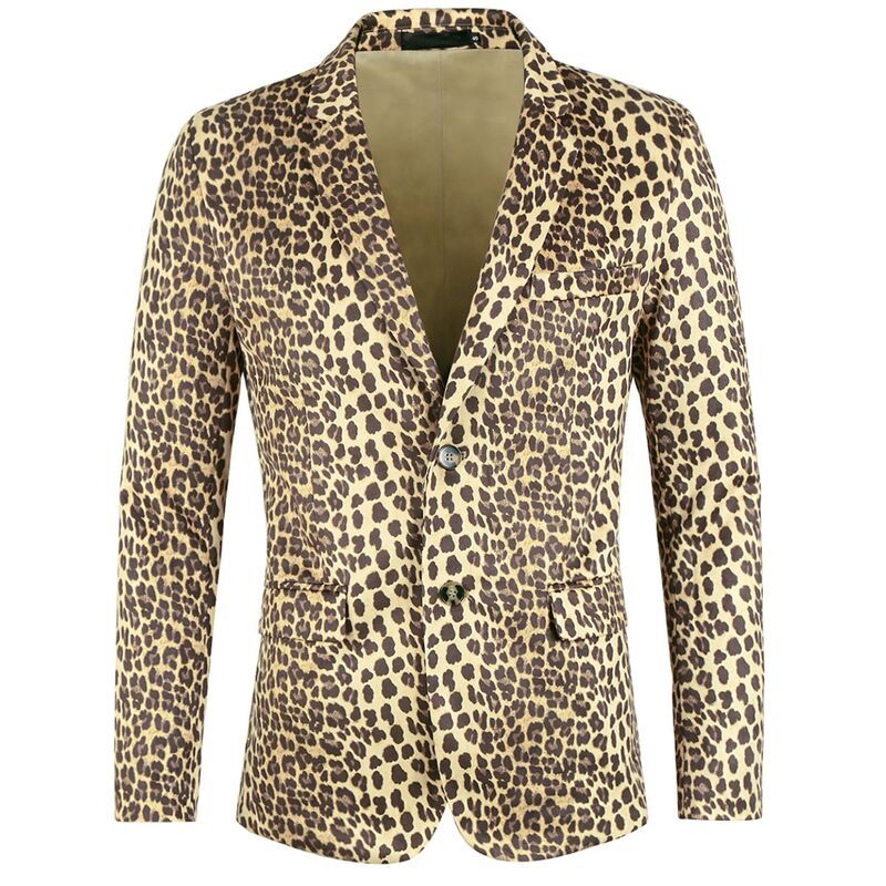 Lars Amadeus メンズ アウター ジャケット・ブルゾン スリムフィット ヴィンテージ プリント ブレザー Lars Amadeus Mens Vintage Leopard Print Notched Lapel Slim Fit Blazer Br