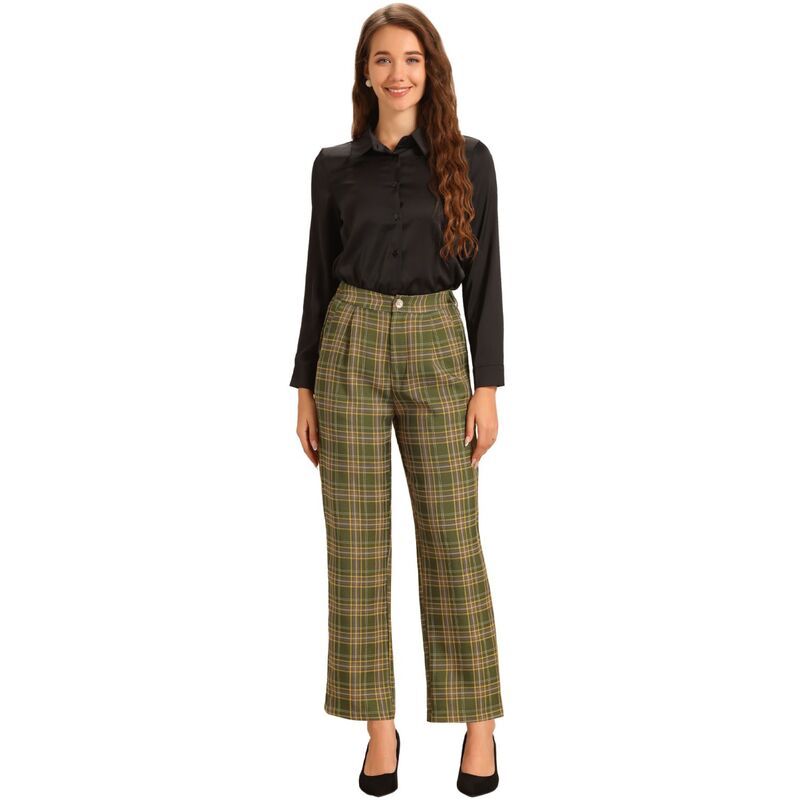 アレグラ ケー レディース ボトムス カジュアルパンツ ストレート ALLEGRA K Womens Plaid Elastic Waist Button Zipper Straight Leg Long Pants Dark Green グリーン