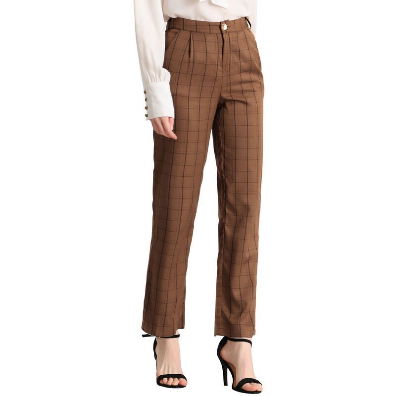 アレグラ ケー レディース ボトムス カジュアルパンツ ストレート ALLEGRA K Womens Plaid Elastic Waist Button Zipper Straight Leg Long Pants Dark Brown Black ブラック