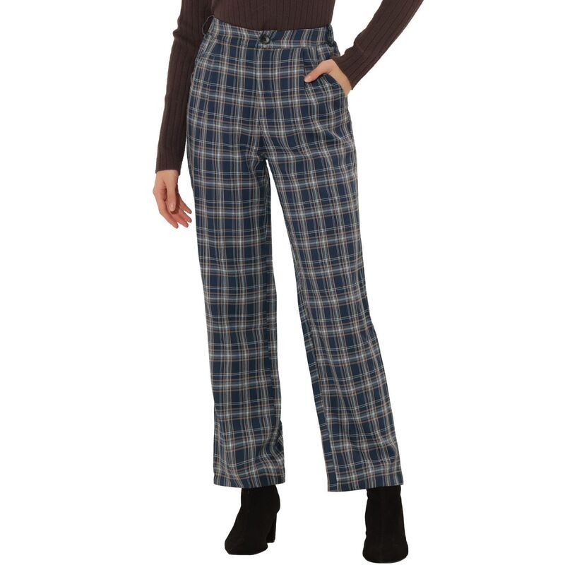 アレグラ ケー レディース ボトムス カジュアルパンツ ストレート ALLEGRA K Womens Plaid Elastic Waist Button Zipper Straight Leg Long Pants Dark Blue Beige ブルー