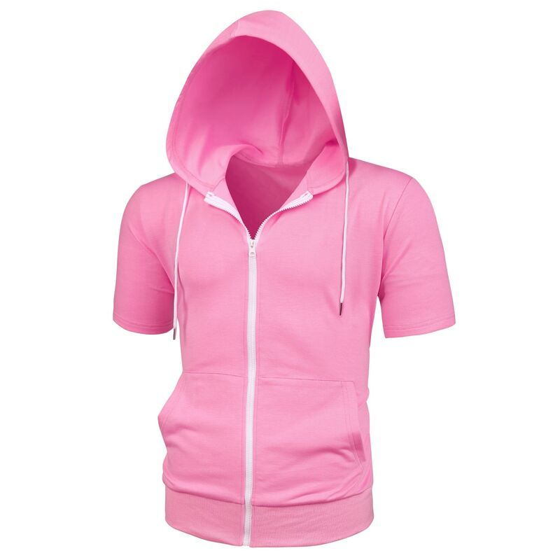 Lars Amadeus メンズ トップス Tシャツ パーカー Lars Amadeus Menshort Sleeve Hoodie Solid Color Zip up Hoodies Pink ピンク