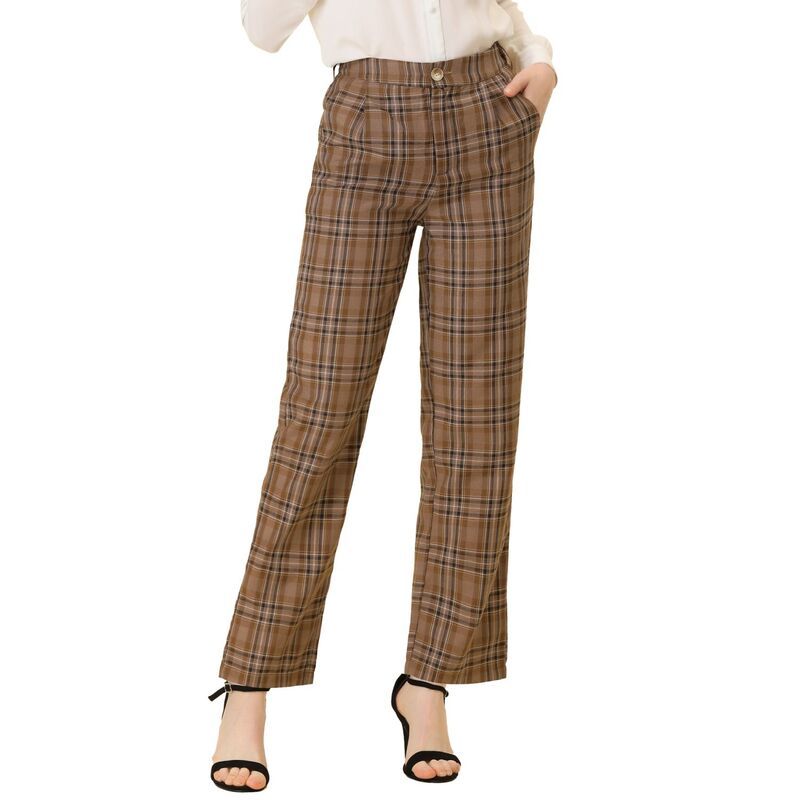 アレグラ ケー レディース ボトムス カジュアルパンツ ストレート ALLEGRA K Womens Plaid Elastic Waist Button Zipper Straight Leg Long Pants Brown ブラウン