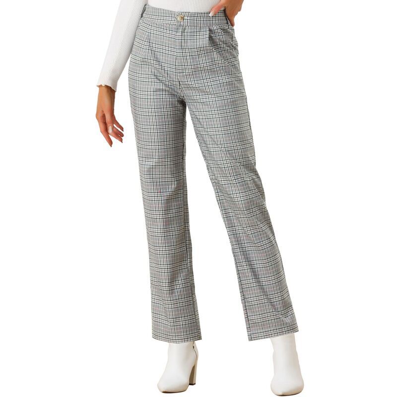 アレグラ ケー レディース ボトムス カジュアルパンツ ストレート ALLEGRA K Womens Plaid Elastic Waist Button Zipper Straight Leg Long Pants Black Gray ブラック