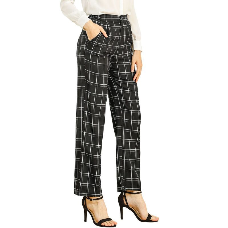 アレグラ ケー レディース ボトムス カジュアルパンツ ストレート ALLEGRA K Womens Plaid Elastic Waist Button Zipper Straight Leg Long Pants Black ブラック