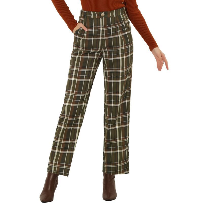 アレグラ ケー レディース ボトムス カジュアルパンツ ストレート ALLEGRA K Womens Plaid Elastic Waist Button Zipper Straight Leg Long Pants Army Green グリーン