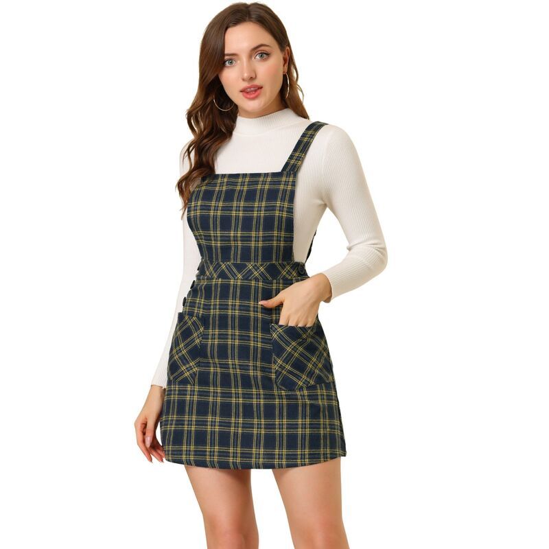 アレグラ ケー レディース トップス ワンピース A ライン オーバーオール ALLEGRA K Womens Plaid Button Decor ALine Pinafore Overall Dress Navy Blue ネイビー