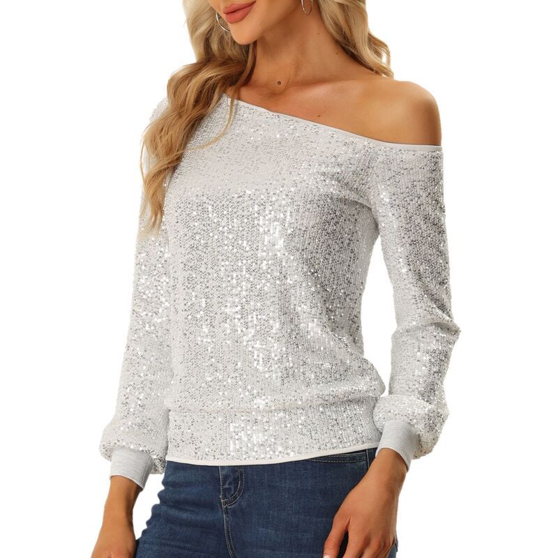 アレグラ ケー レディース トップス Tシャツ スパンコール ALLEGRA K One Shoulder Sequin Tops for Womens Long Sleeve Holiday Party Sparkly Top Silver シルバー