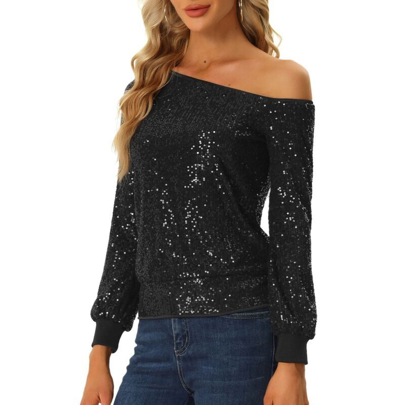 アレグラ ケー レディース トップス Tシャツ スパンコール ALLEGRA K One Shoulder Sequin Tops for Womens Long Sleeve Holiday Party Sparkly Top Black ブラック