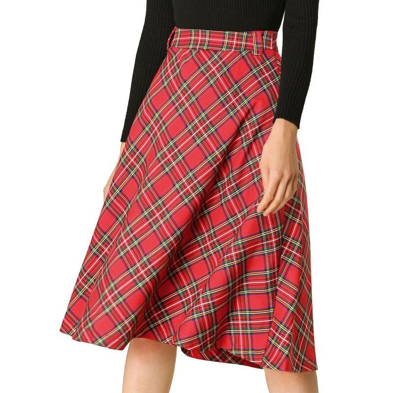 アレグラ ケー レディース ボトムスカート A ライン ハイウエスト ALLEGRA K Womens Costume Plaid Belted High Waist ALine MidLength Skirts Red レッド