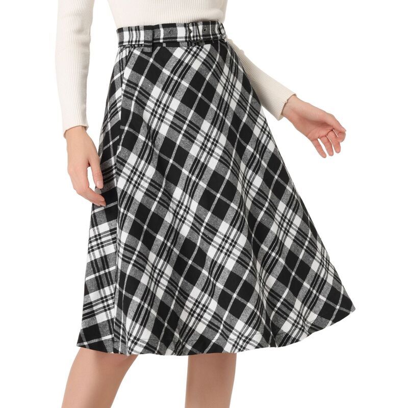 アレグラ ケー レディース ボトムスカート A ライン ハイウエスト ALLEGRA K Womens Costume Plaid Belted High Waist ALine MidLength Skirts Jet Black Plaid ブラック