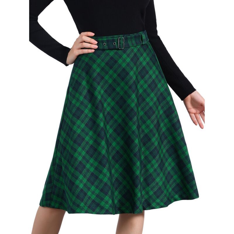 アレグラ ケー レディース ボトムスカート A ライン ハイウエスト ALLEGRA K Womens Costume Plaid Belted High Waist ALine MidLength Skirts Dark Green グリーン