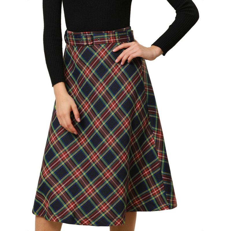 アレグラ ケー レディース ボトムスカート A ライン ハイウエスト ALLEGRA K Womens Costume Plaid Belted High Waist ALine MidLength Skirts Dark Blue ブルー