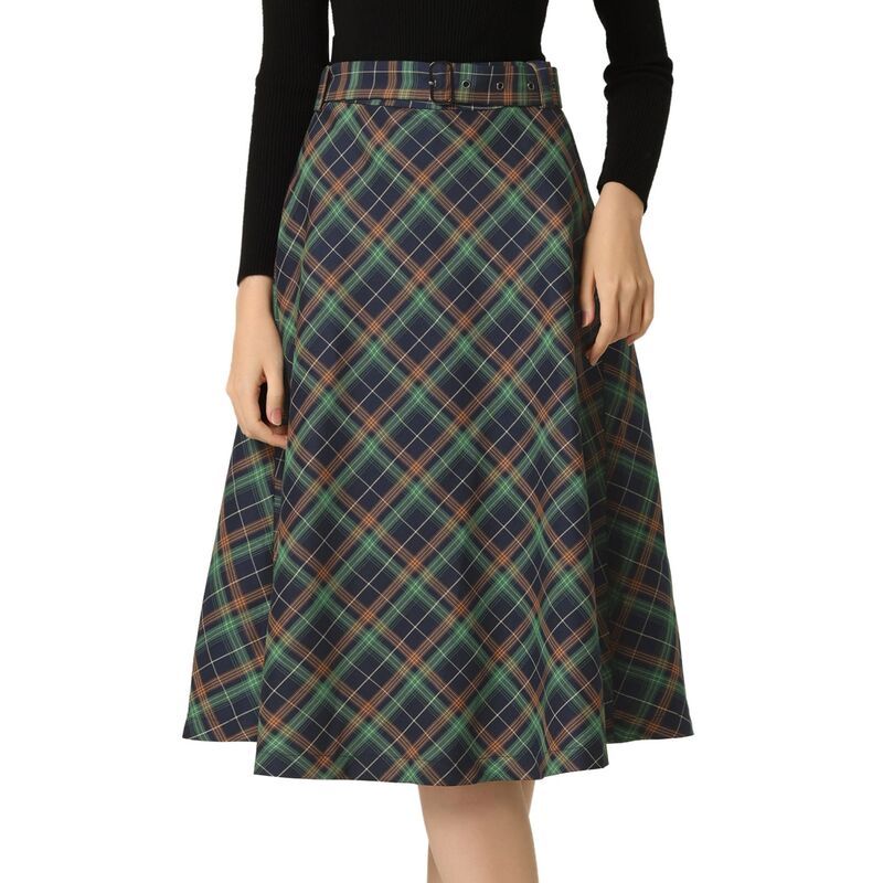 アレグラ ケー レディース ボトムスカート A ライン ハイウエスト ALLEGRA K Womens Costume Plaid Belted High Waist ALine MidLength Skirts Blue Green ブルー