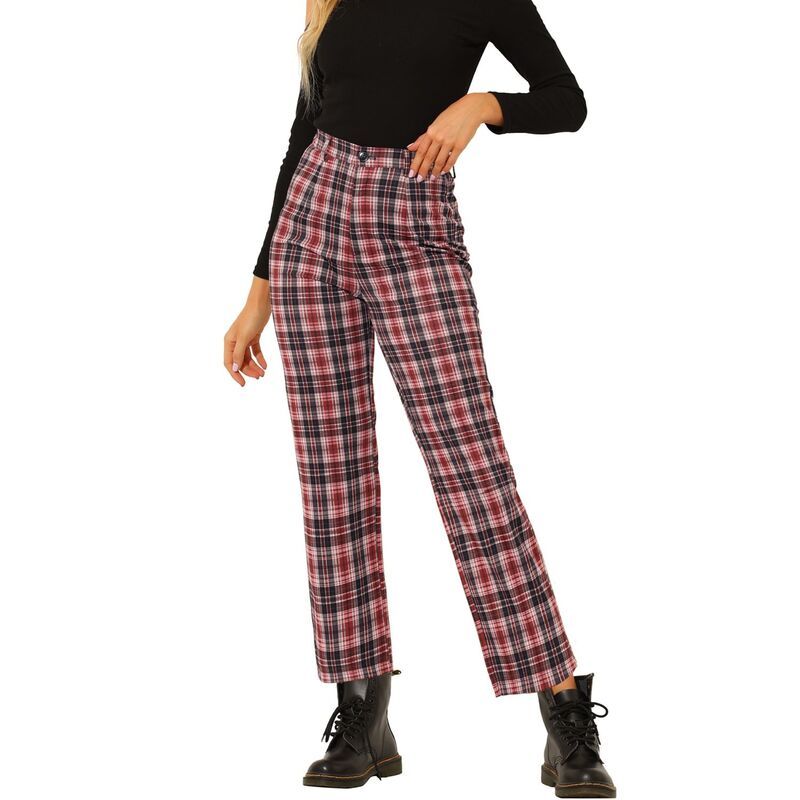 アレグラ ケー レディース ボトムス カジュアルパンツ ハイウエスト ALLEGRA K Womens Casual Plaid Pants Elastic High Waist Work Trousers Red レッド