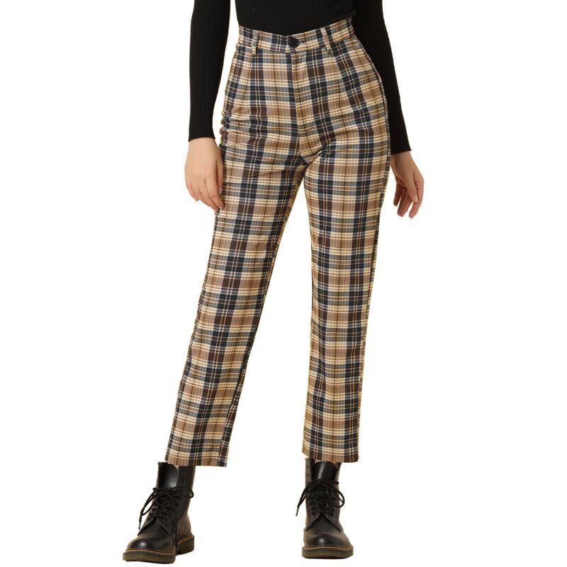 アレグラ ケー レディース ボトムス カジュアルパンツ ハイウエスト ALLEGRA K Womens Casual Plaid Pants Elastic High Waist Work Trousers Dark Brown ブラウン