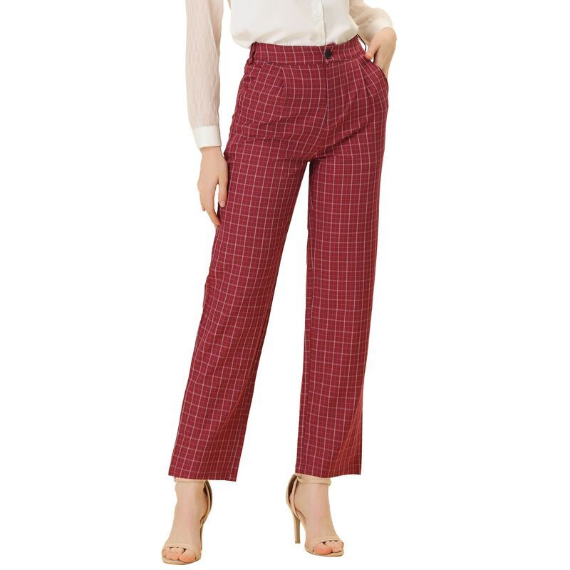 アレグラ ケー レディース ボトムス カジュアルパンツ ストレート ALLEGRA K Womens Plaid Elastic Waist Button Zipper Straight Leg Long Pants Red レッド