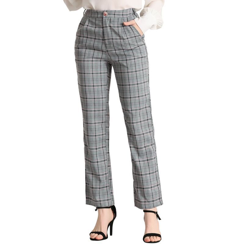 アレグラ ケー レディース ボトムス カジュアルパンツ ストレート ALLEGRA K Womens Plaid Elastic Waist Button Zipper Straight Leg Long Pants Light Gray Blue グレー