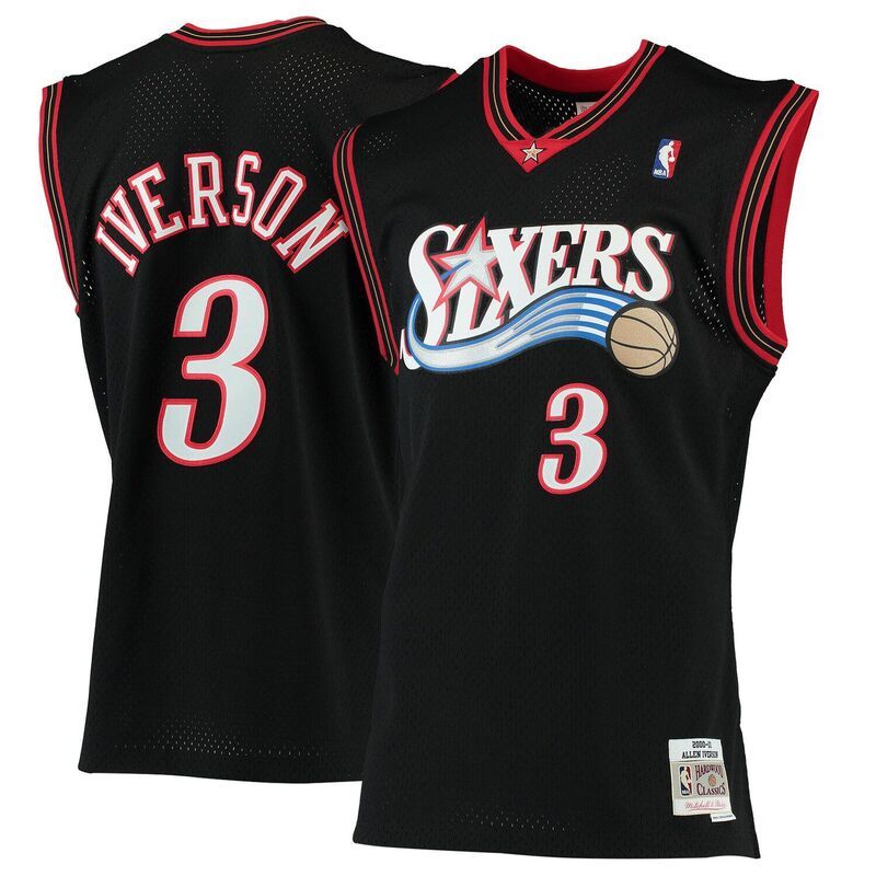 ミッチェルネス メンズ トップス Tシャツ ジャージー Mens Mitchell Ness Allen Iverson Black Philadelphia 76ers 200001 Hardwood Classicswingman Jersey 76r B