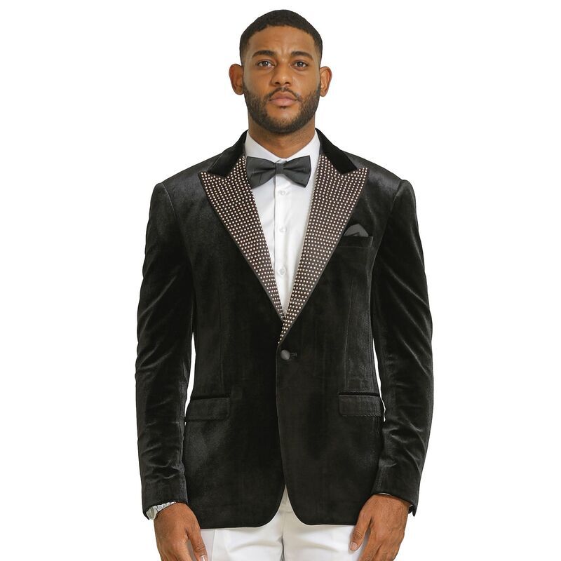 ステイシーアダムス メンズ アウター ジャケット・ブルゾン ベルベット ブレザー Stacy Adams Mens Velvet Blazer with RhinestoneEmbedded Peak Lapel Black ブラック