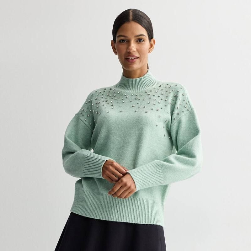 ナインウェスト レディース アウター ニット・セーター モックネック Womens Nine West Mock Neck Embellished Pullover Waterstone