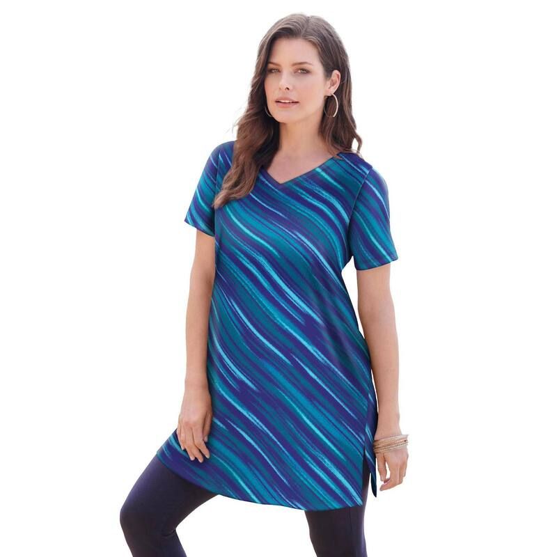 ロアマンズ レディース トップス Tシャツ Vネック プラスサイズ コットン Roamans Womens Plusize Plusize Cotton Short Sleeve VNeck Ultimate Tunic Navy Bias Texture ネ
