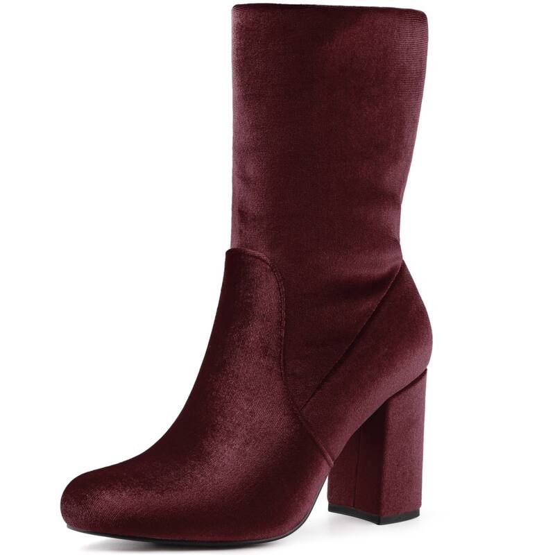 アレグラ ケー レディース シューズ ブーツ・レインブーツ ベルベット ヒール ALLEGRA K Womens Velvet Round Toe Block Heels Foldable Mid Calf Boots Burgundy バーガンディ