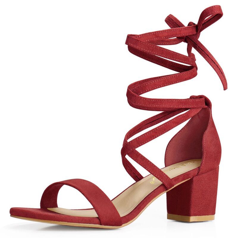 アレグラ ケー レディース シューズ パンプス サンダル レース ヒール ALLEGRA K Womens Open Toe Lace Up Mid Chunky Heeled Sandals Red レッド