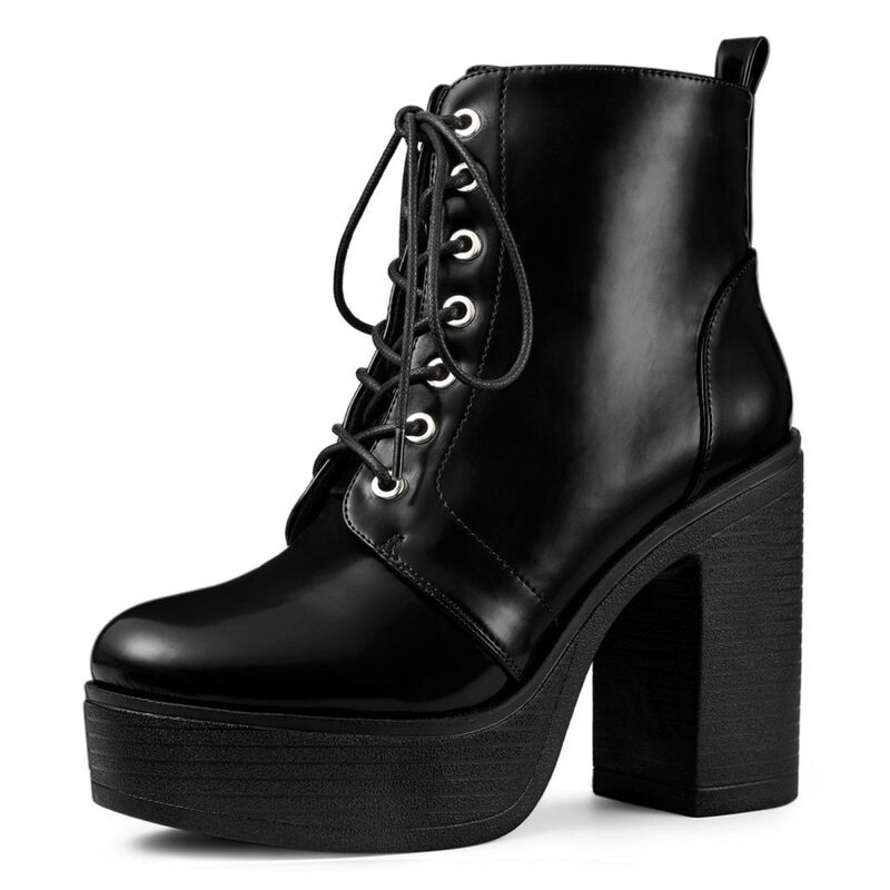 アレグラ ケー レディース シューズ ブーツ・レインブーツ プラットフォーム レース ヒール ALLEGRA K Womens Platform Chunky Higheelace Up Combat Boots Black ブラック