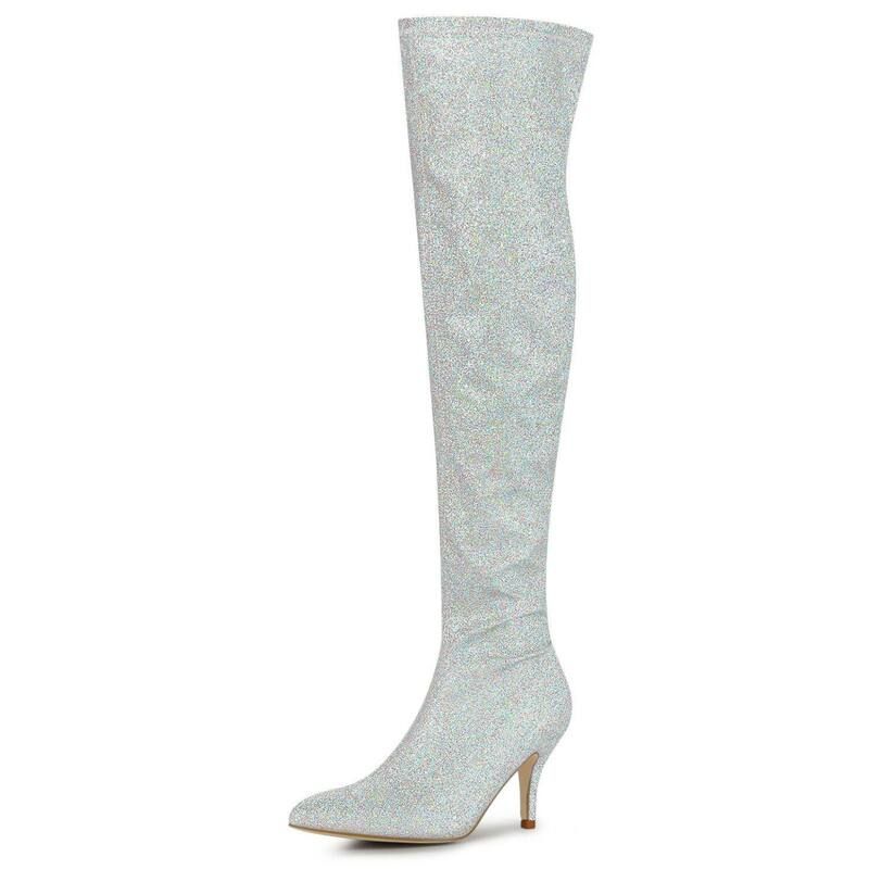 アレグラ ケー レディース シューズ ブーツ・レインブーツ ヒール ALLEGRA K Womens Glitter Pointed Toe Stiletto Heel Over the Knee Thigh Bootsilver シルバー