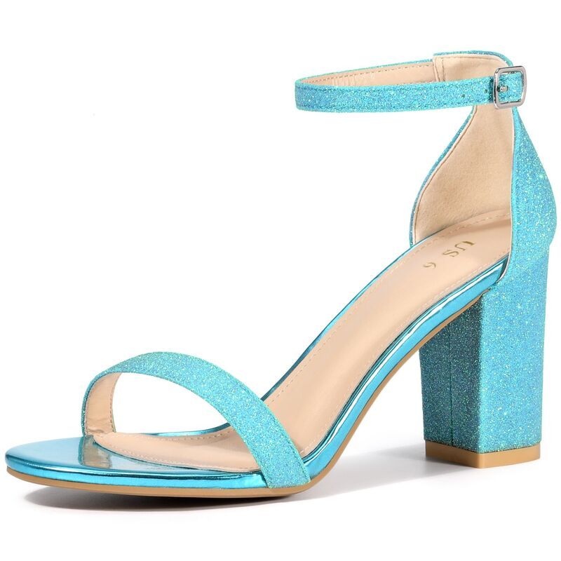 アレグラ ケー レディース シューズ パンプス サンダル アンクル ヒール ALLEGRA K Womens Glitter Ankle Strap Chunky Heelsandals Blue ブルー