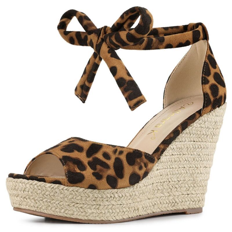 アレグラ ケー レディース シューズ サンダル アンクル ALLEGRA K Womens Espadrilles Tie Up Ankle Strap Wedgesandals Leopard アニマル