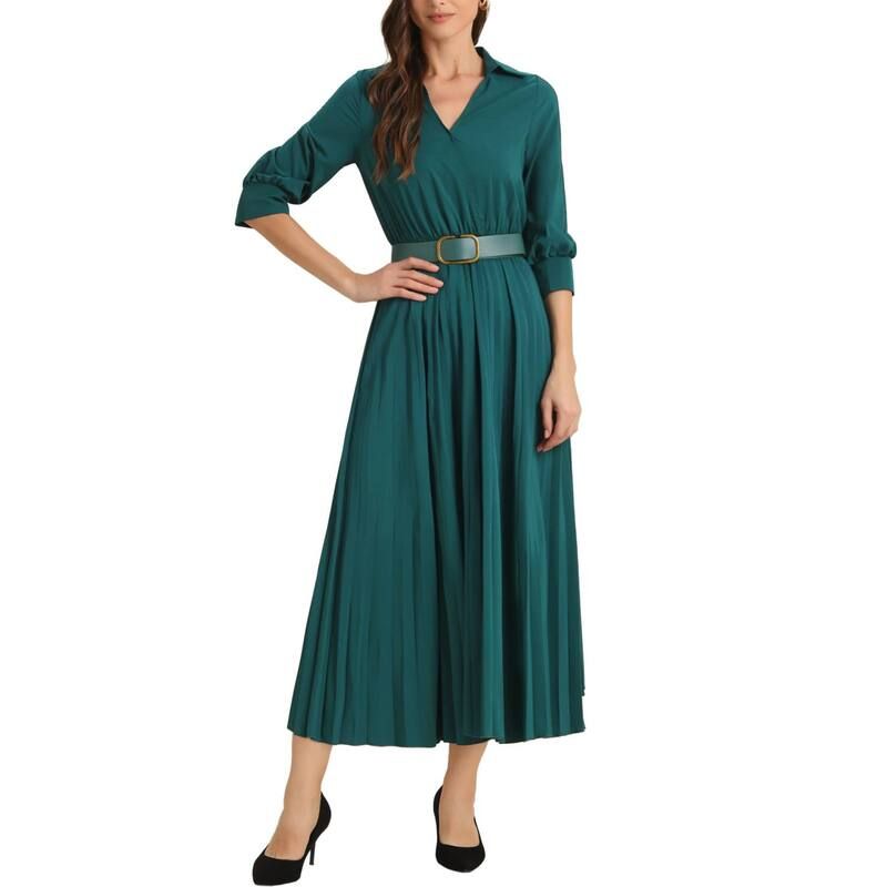 アレグラ ケー レディース トップス ワンピース Vネック プリーツ マキシ ALLEGRA K Dressy Casual Pleatedress for Womens Collar V Neck Belted Maxi Dresses Dark Green