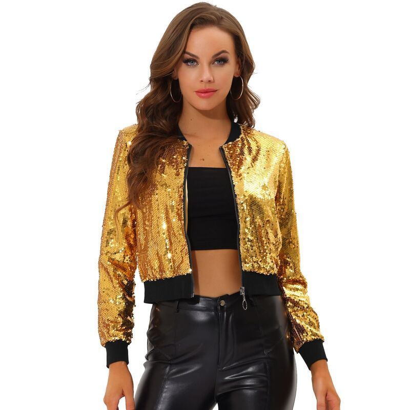 アレグラ ケー レディース アウター ジャケット・ブルゾン スパンコール クロップド ALLEGRA K Womensequin Party Long Sleeve Zipper Up Cropped Bomber Jacket Yellow イエロー